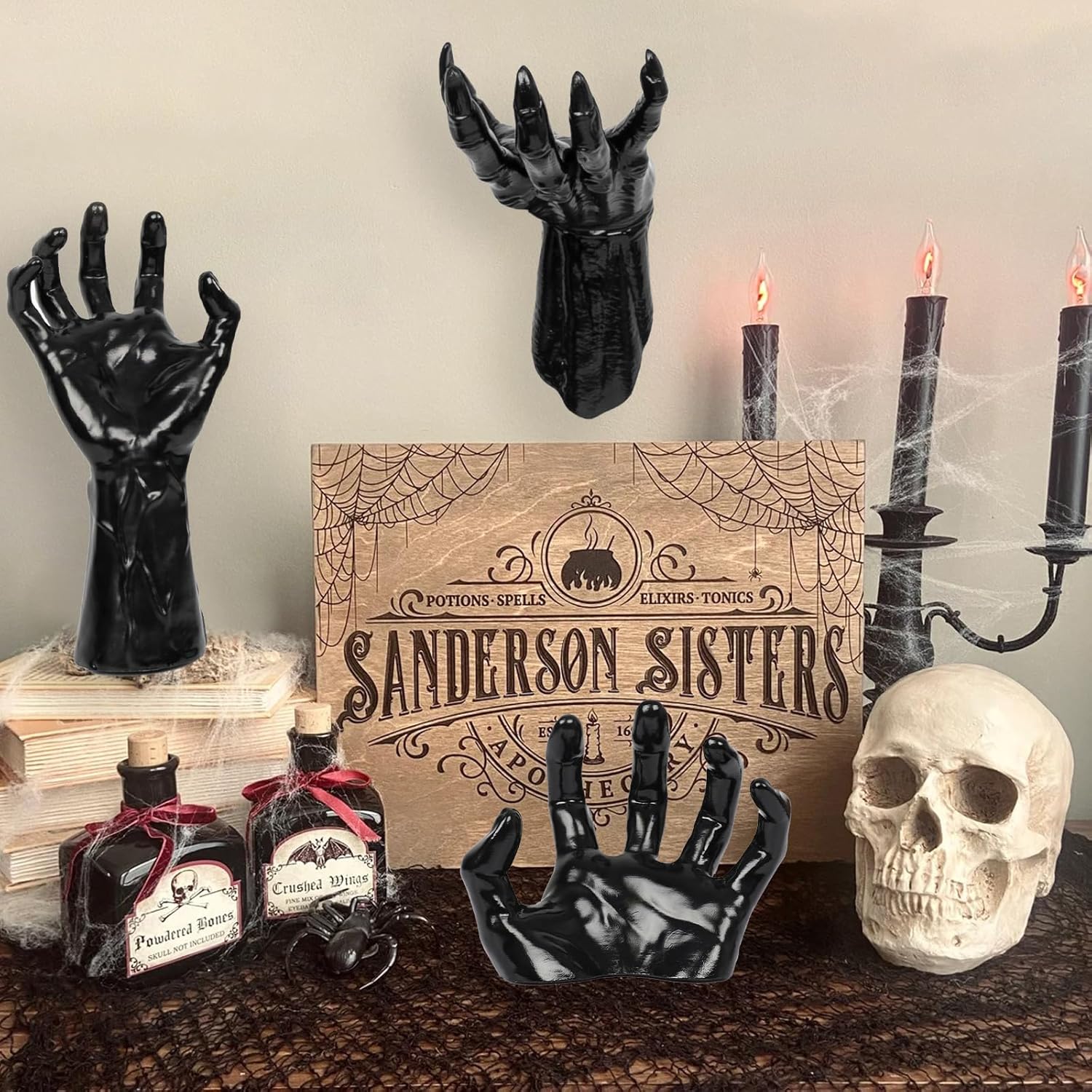 🏆Flash Sale⚡Life-Size Creepy Hands Wall Decor – 3-Piece Set with LED Candles for Gothic Halloween