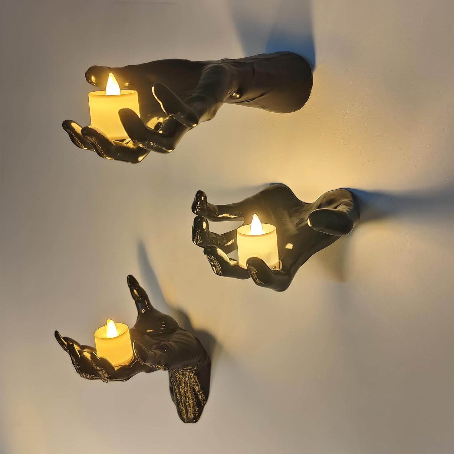 🏆Flash Sale⚡Life-Size Creepy Hands Wall Decor – 3-Piece Set with LED Candles for Gothic Halloween