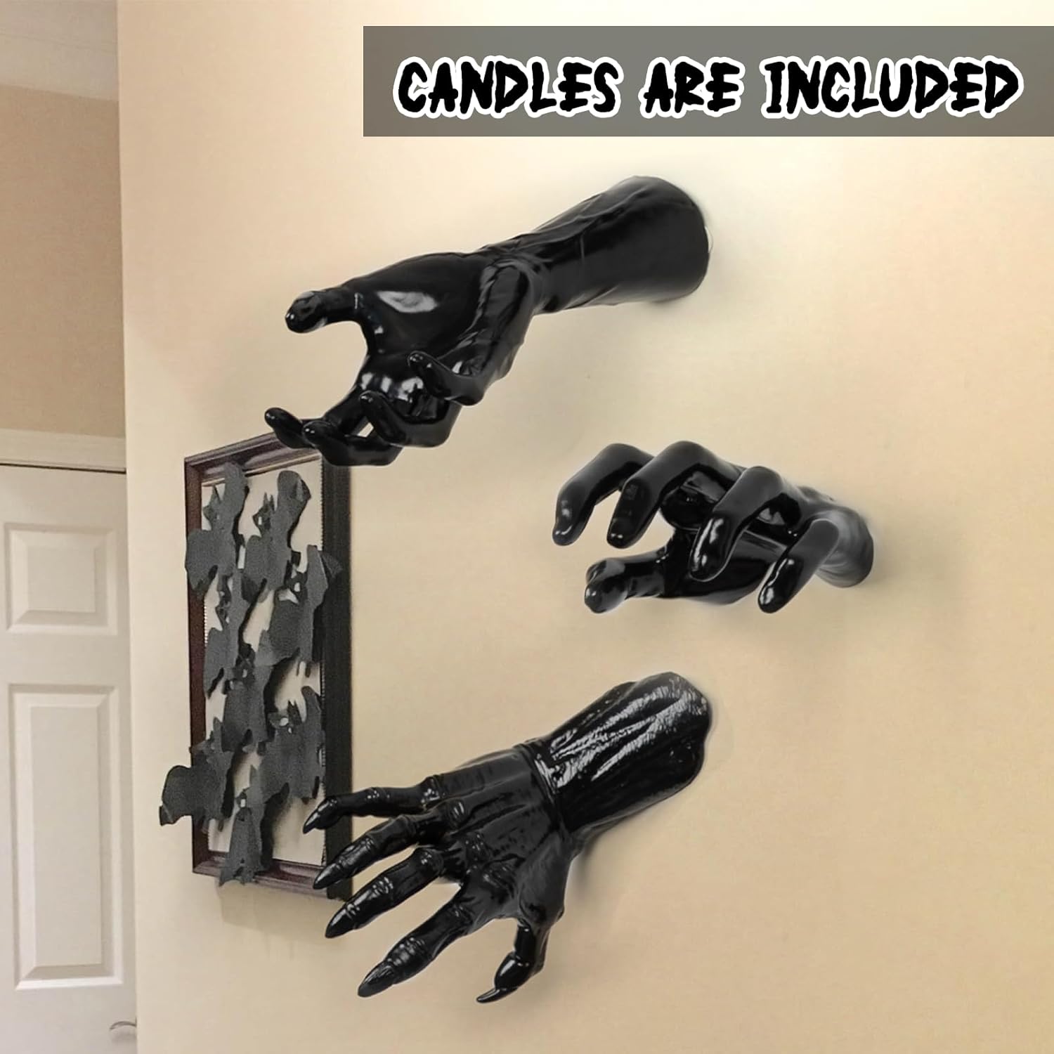 🏆Flash Sale⚡Life-Size Creepy Hands Wall Decor – 3-Piece Set with LED Candles for Gothic Halloween