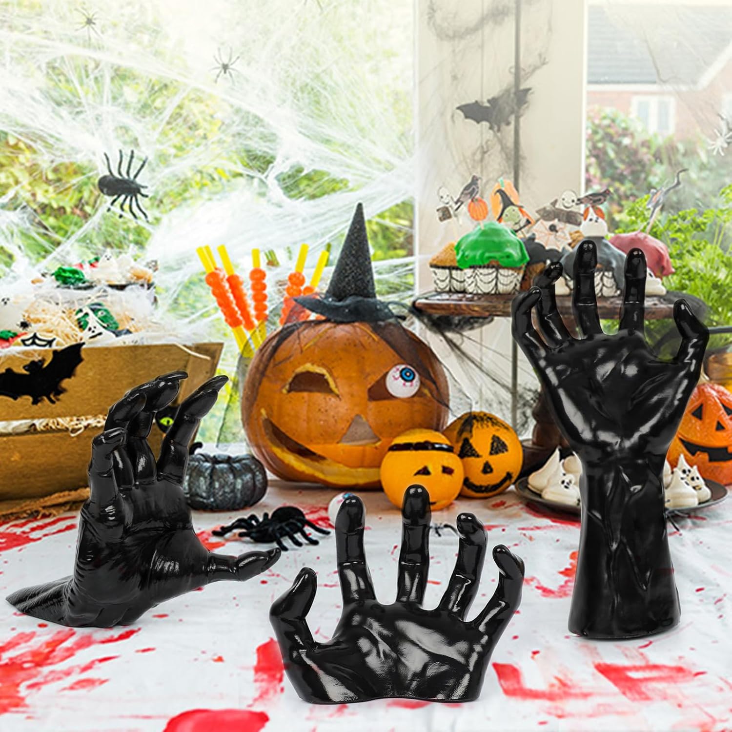🏆Flash Sale⚡Life-Size Creepy Hands Wall Decor – 3-Piece Set with LED Candles for Gothic Halloween